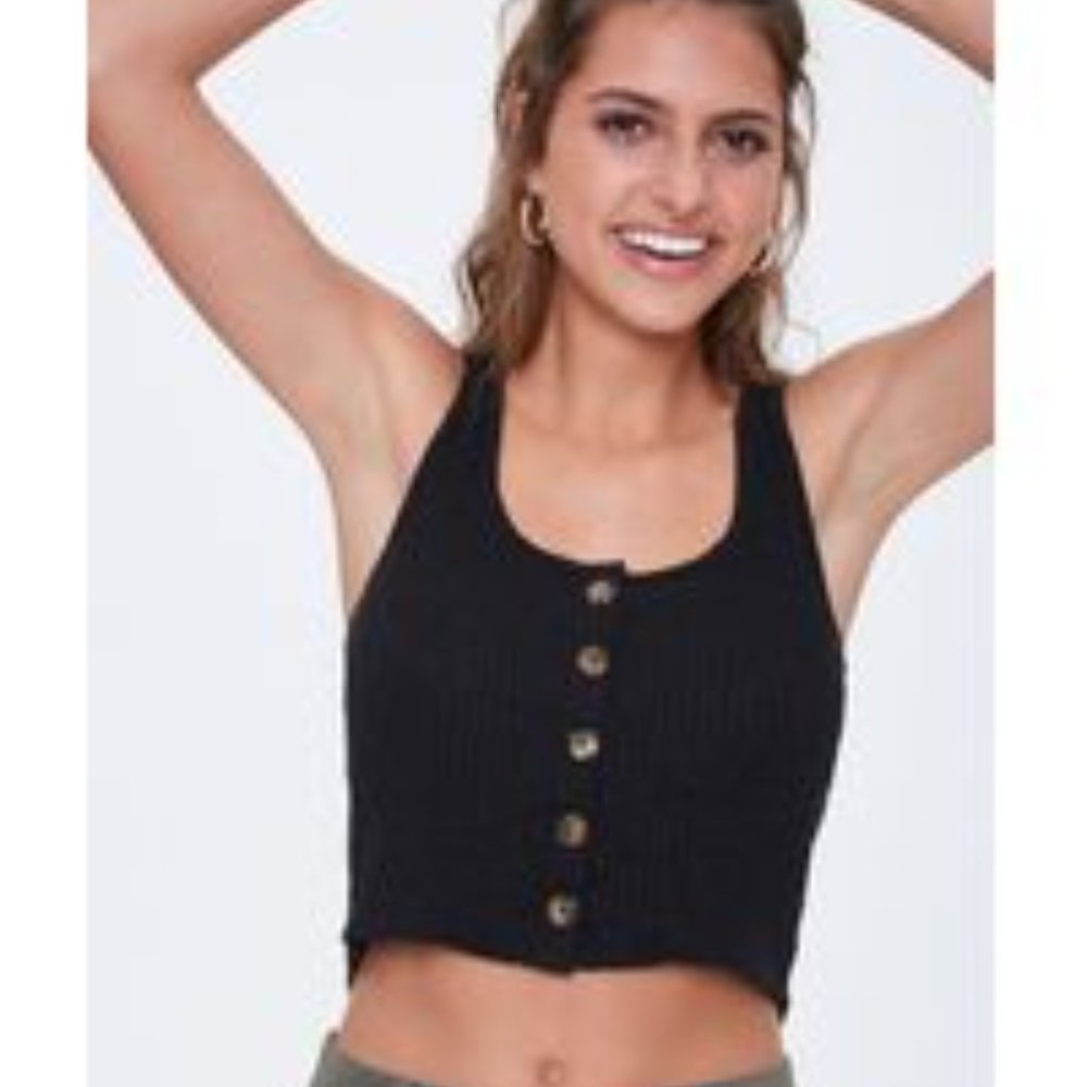 NWT Black Ribbed Sweater knit Tank buttons cropped